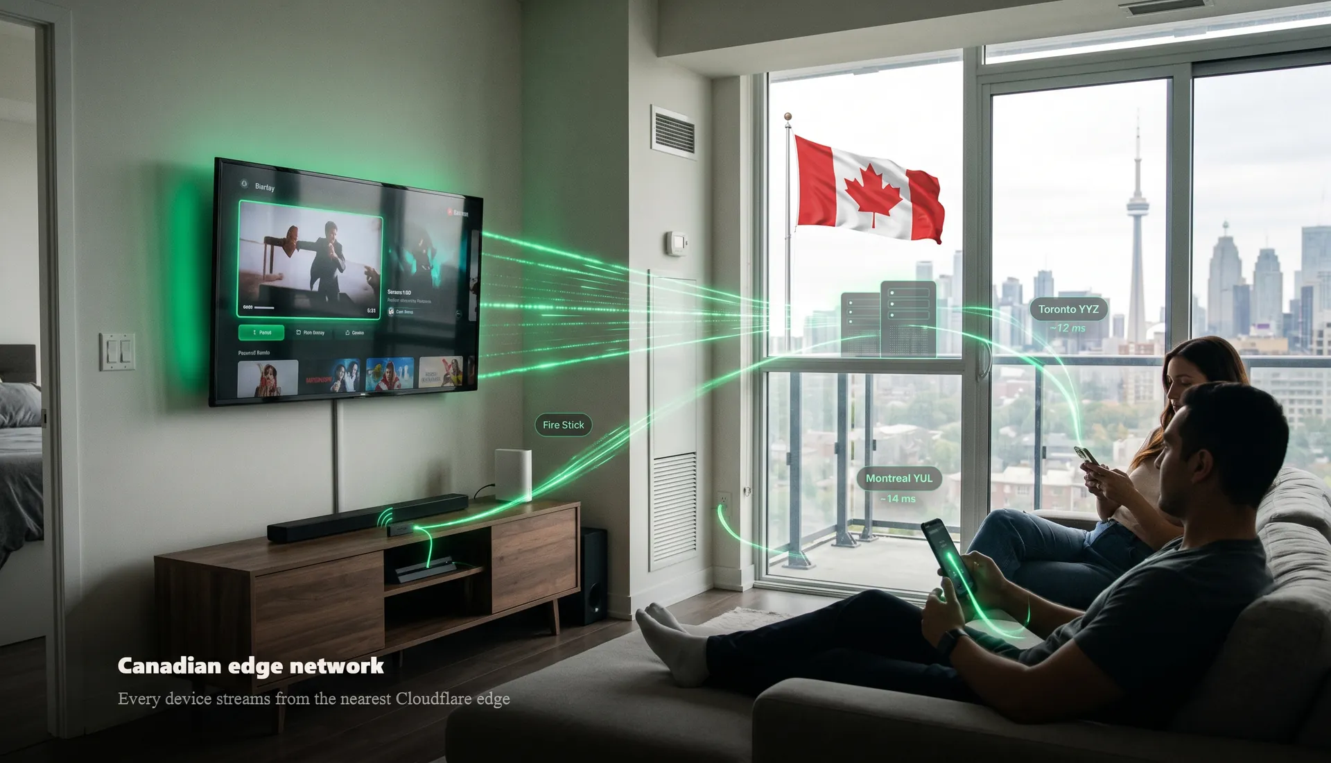 IPTV Canada at home in Toronto: a CheapIPTV subscription streaming live TV to a smart TV with a Fire TV Stick and to two phones